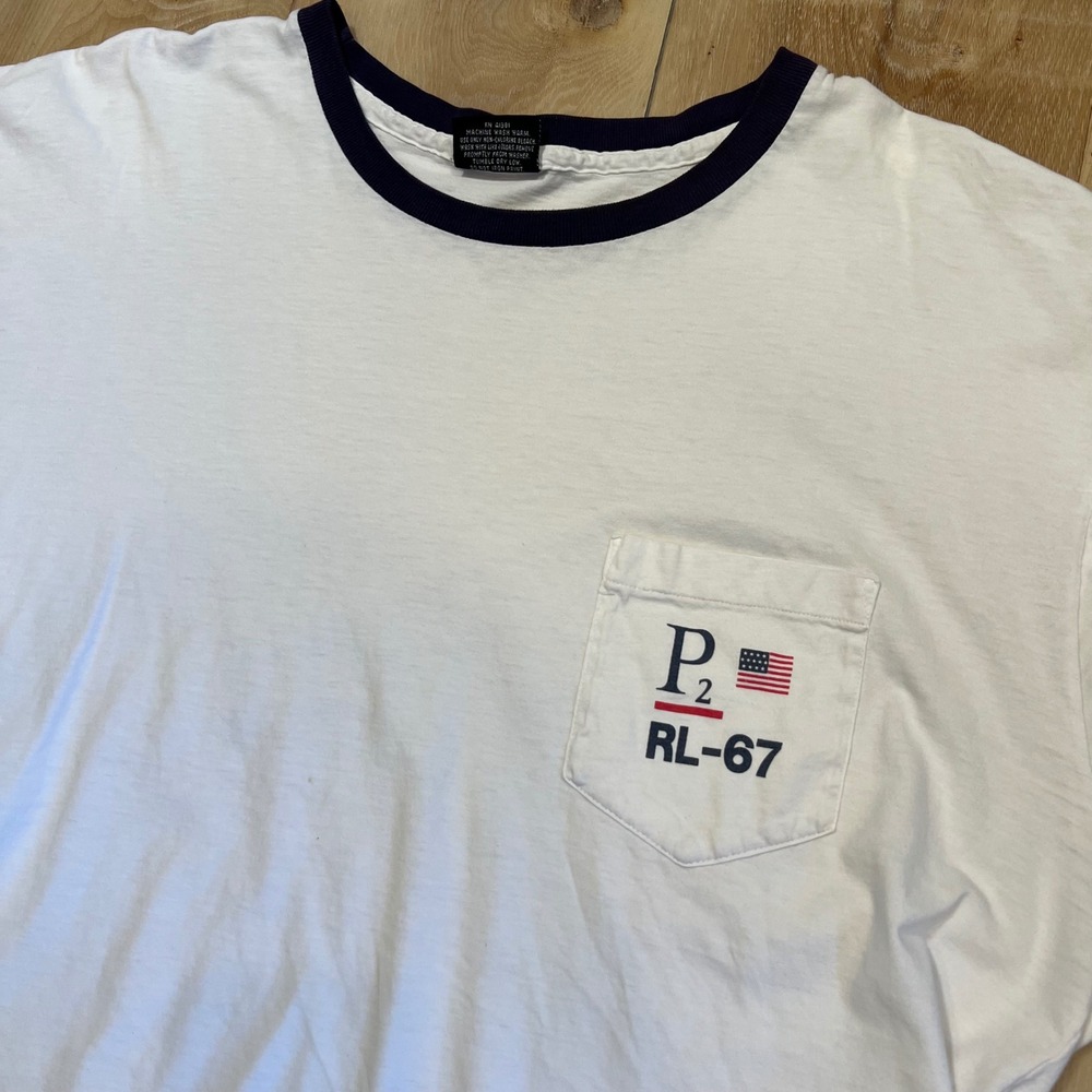 Vintage Polo Ralph Lauren P2 RL-67 Ringer T-Shirt XL White Navy Made in USA